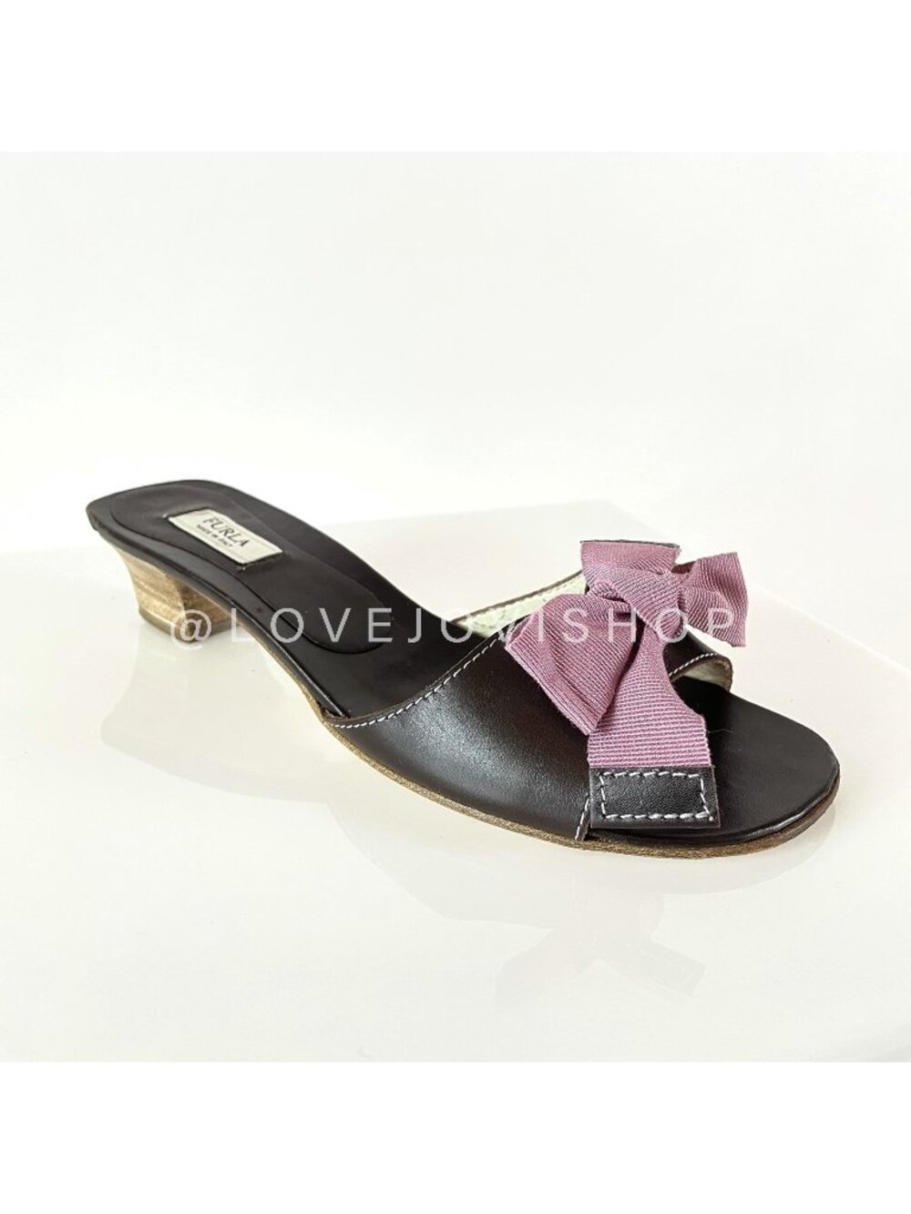Feminine | Furla Leather Sandals | Chocolate Brown Lilac Ribbon Bow | Vintage 7